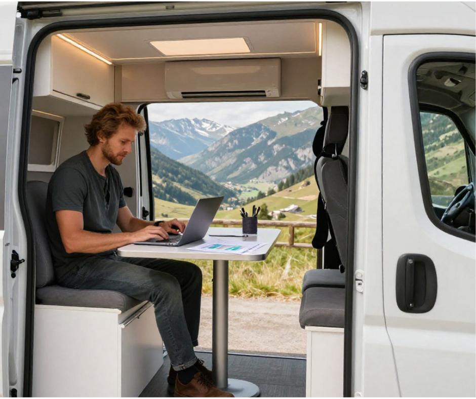 Insurance professional working remotely on laptop representing the five steps to building a digital nomad career in financial services