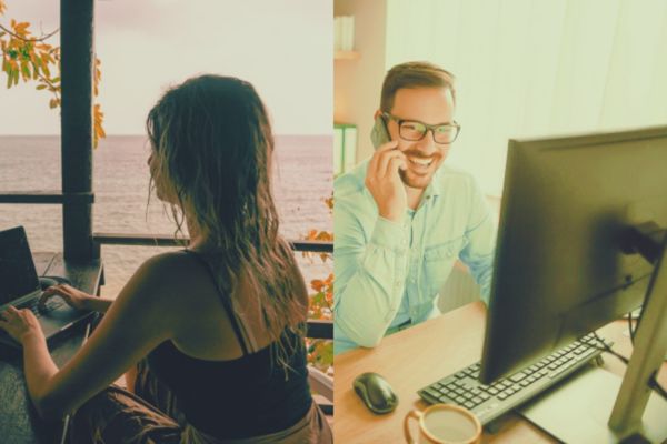 Split visual comparing a digital nomad and remote worker illustrating the key lifestyle differences between the two
