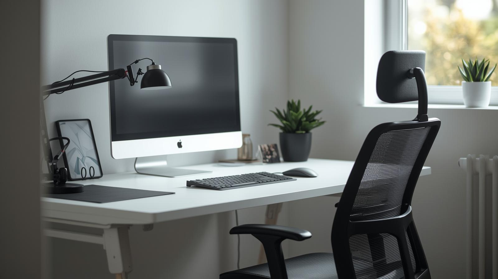 Ergonomic home office setup with adjustable chair and monitor representing best practices for remote worker health and productivity