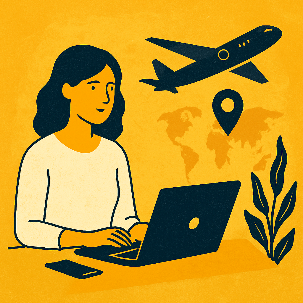 Hybrid employee working on laptop from a travel destination representing the case for flexible remote work policies