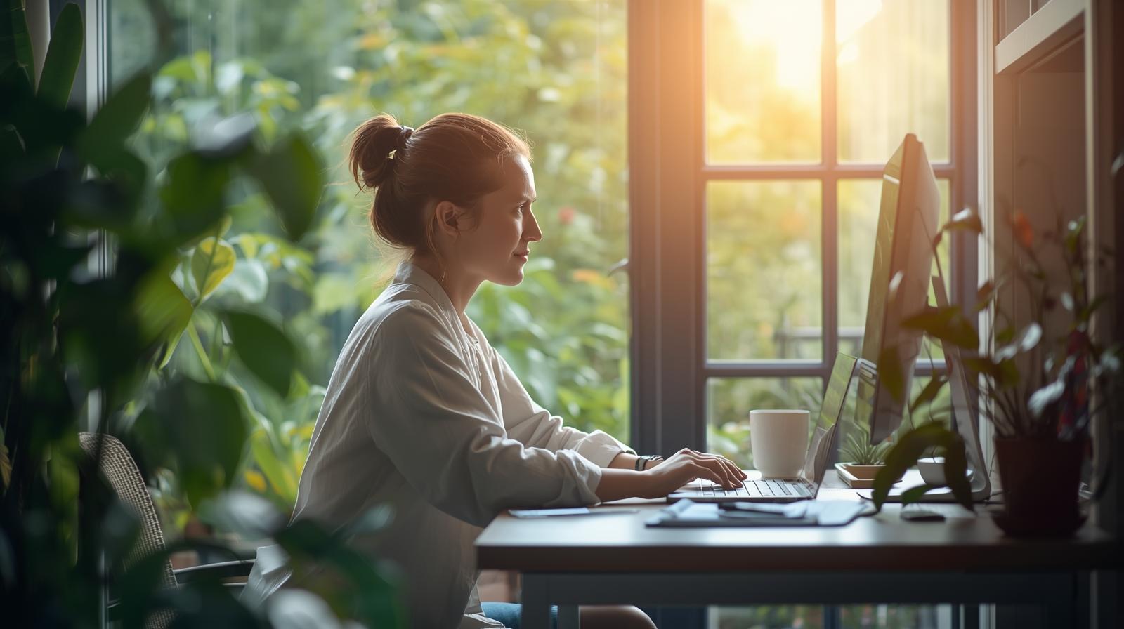 Remote worker practicing healthy habits at home desk representing the importance of wellness for sustainable remote work