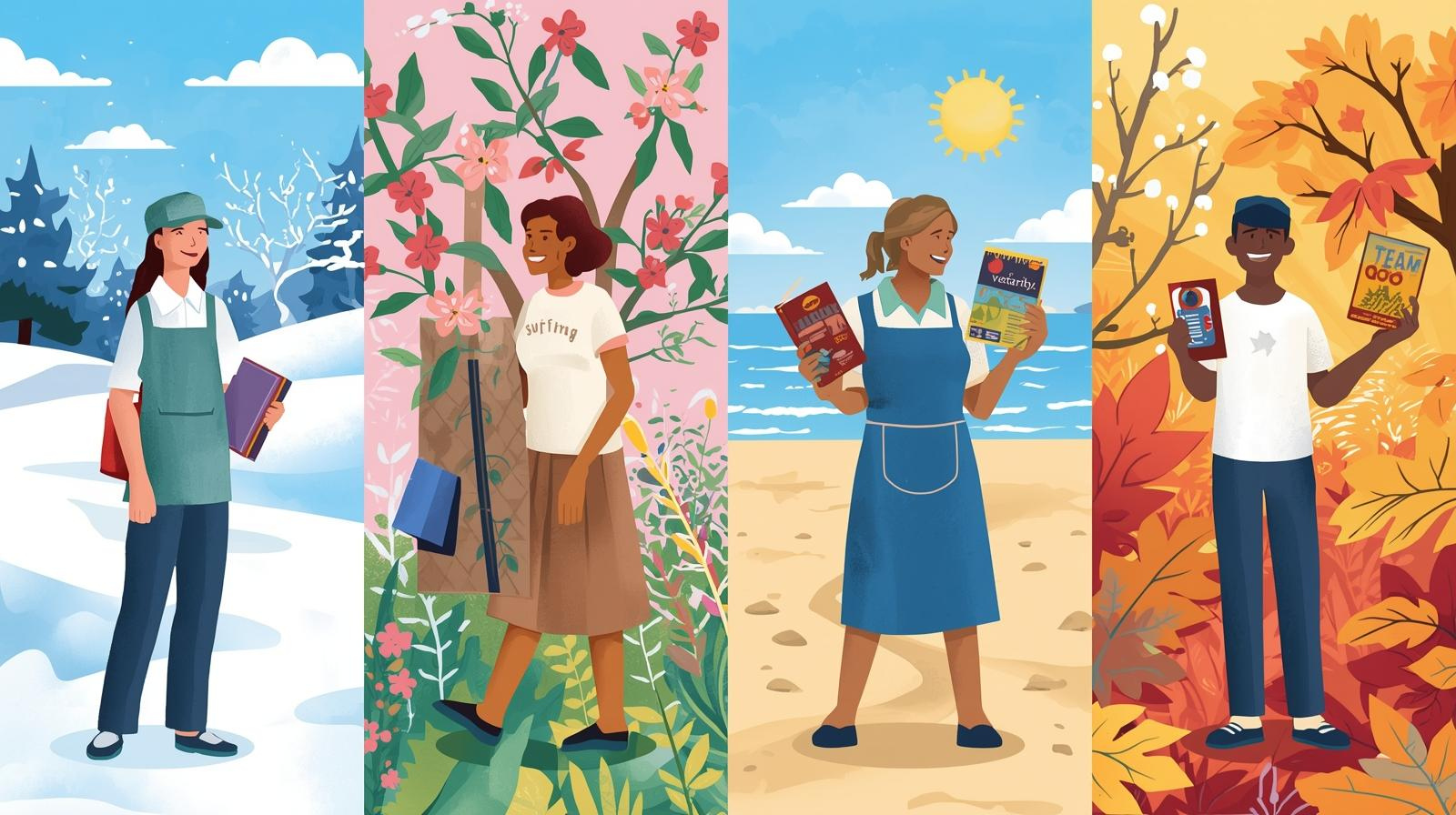 Workers in diverse seasonal job settings representing the best temporary and travel-based job opportunities worldwide