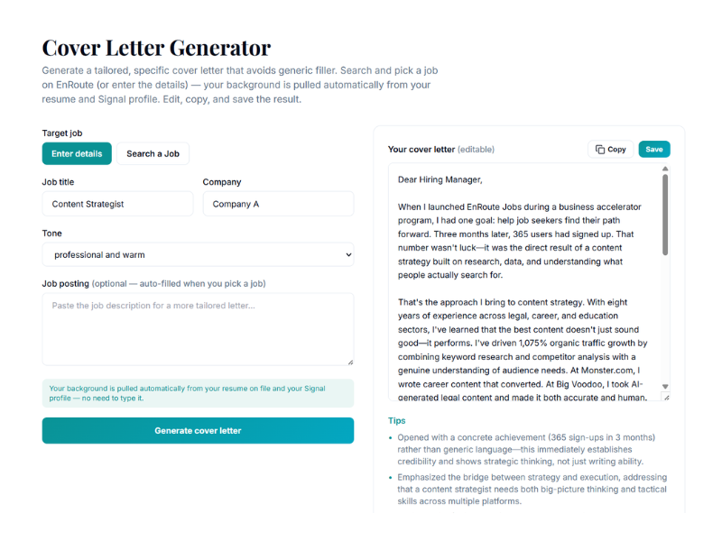A generated cover letter draft next to the target job title, company and tone settings