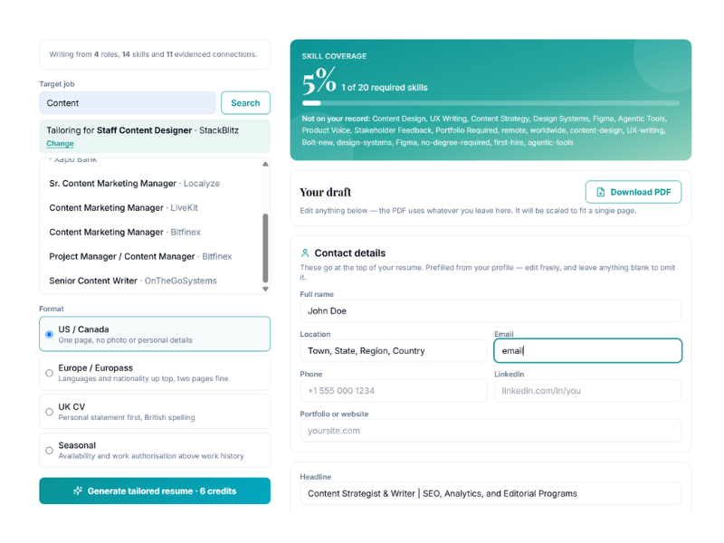 A tailored resume draft showing skill coverage against a target role, missing skills listed, and a contact details form