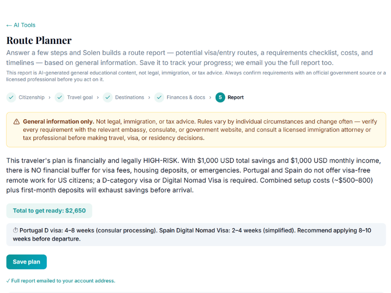 A route planner report flagging plan risk, with total setup cost and visa processing timelines