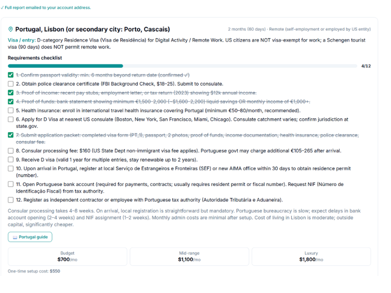 A visa requirements checklist with completed steps checked off, next to budget tiers for cost of living