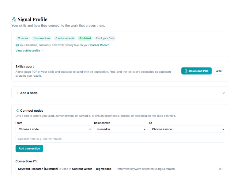 A Signal Profile skills report with a node-and-connection builder linking skills to the experience that proves them